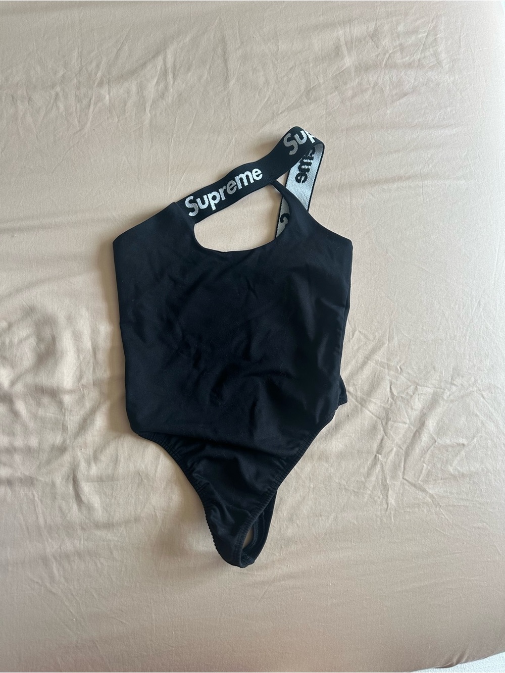 Supreme Black One-Shoulder Bodysuit with Logo Strap